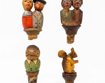 Vintage Hand Carved Wood Bottle Stopper Lot of 4 Folk Art Cork Stoppers