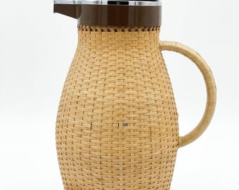 Vintage Corning Designs Wicker Carafe 11” MCM Rattan Boho Coffee Pot