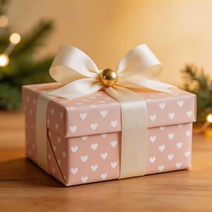 Puede incluir: Una pequeña caja de regalo cuadrada envuelta en papel rosa con un patrón de corazones blancos. La caja está atada con una cinta y un lazo de satén color crema, y una esfera dorada adorna el centro del lazo. La caja de regalo está sobre una superficie de madera.