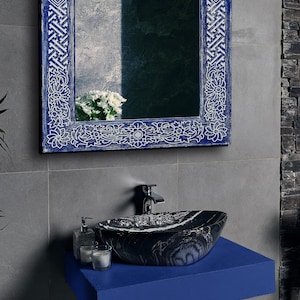 Modern Bathroom Mirror - Solid Wood Frame with Floral Ornaments - Mas Indigo 28x56&quot;