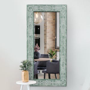 Rustic Farmhouse Carved Wood Mirror - Vintage Boho Wall Decor - Papua Moss 28x56&quot;