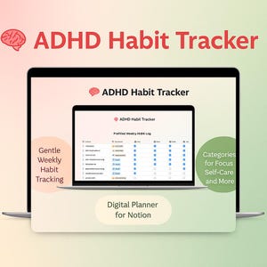 Rastreador de Hábitos para TDAH para Notion – Planejador Semanal Digital, Diário de Hábitos, Ferramenta de Produtividade e Autocuidado