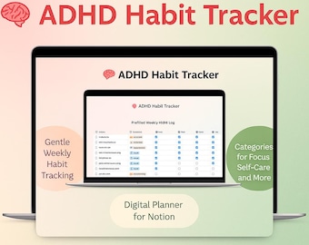 Rastreador de Hábitos para TDAH para Notion – Planejador Semanal Digital, Diário de Hábitos, Ferramenta de Produtividade e Autocuidado