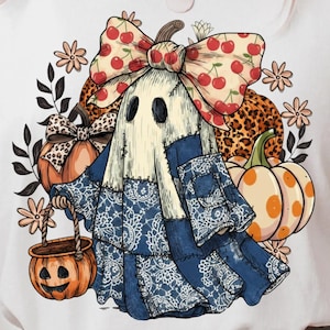 Denim Patchwork Ghost PNG: Vintage Halloween Sublimation Design (Digital Download)