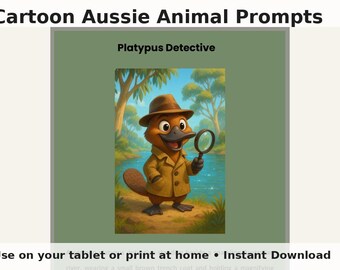 Peut inclure: Illustration d'un dessin animé de détective ornithorynque portant un chapeau marron et un trench-coat, tenant une loupe. L'image est placée sur un fond de rivière et d'arbres, avec le texte "Cartoon Aussie Animal Prompts" et "Platypus Detective".