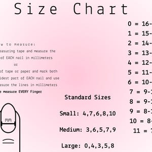 May include: A nail size chart with measurements in millimetres. The chart provides instructions on how to measure nails, and lists standard sizes: small, medium, and large. The text is black on a pink background.