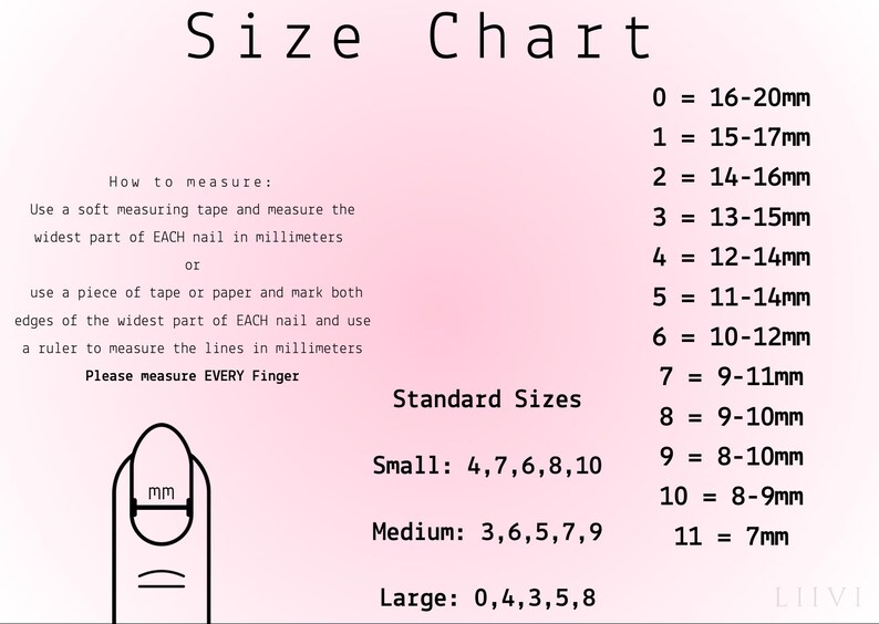 May include: A nail size chart with measurements in millimetres. The chart provides instructions on how to measure nails, and lists standard sizes: small, medium, and large. The text is black on a pink background.