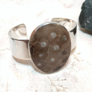 PETOSKEY Stone STATEMENT Fossil Coral Cuff BRACELET Sterling Silver Wide Band Wow!