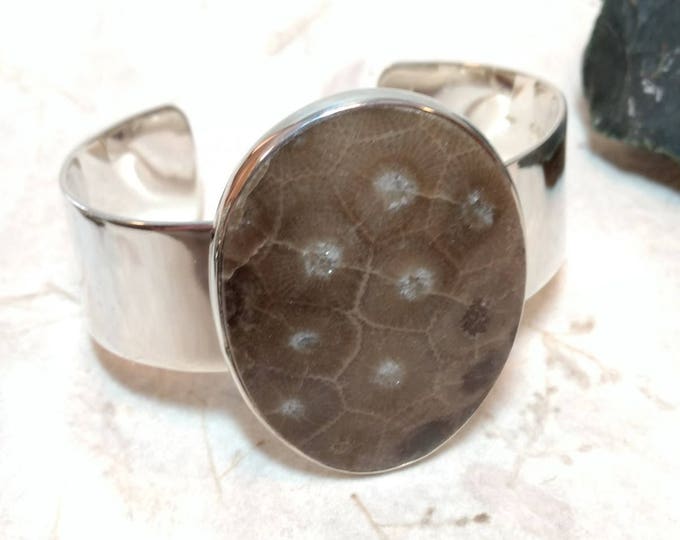 PETOSKEY Stone STATEMENT Fossil Coral Cuff BRACELET Sterling Silver Wide Band Wow!