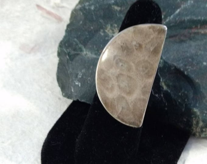 PETOSKEY Stone STATEMENT Ring Fossil Coral Sterling Silver Size 8