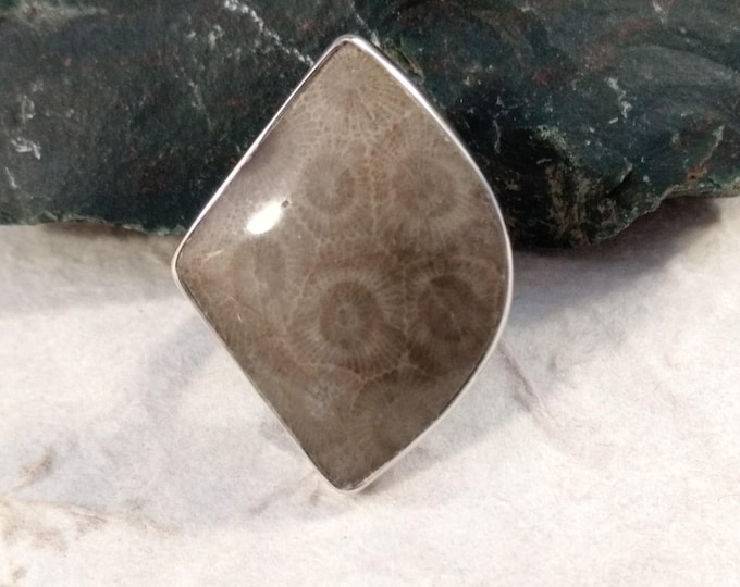 PETOSKEY Stone STATEMENT Ring Fossil Coral Sterling Silver Size 9