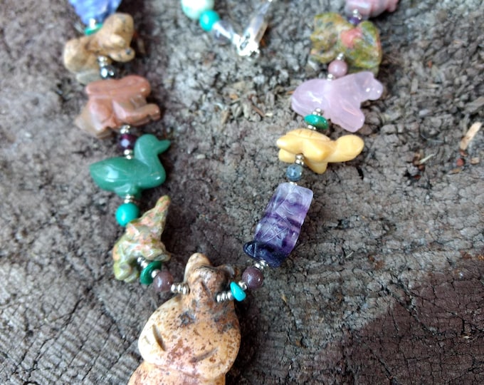 BEAR FETISH Mixed ANIMAL Gemstone Sterling Silver Necklace
