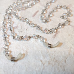 CLEAR Aurora Borealis Czech Glass Beads, Linked Silver Wire Eyeglass Chain