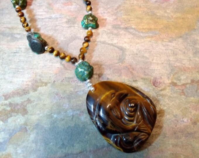 SET: CARVED DOLPHIN Tiger Eye & Turquoise, Sterling Silver Necklace and Earring Set