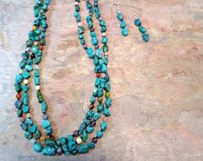 TURQUOISE  & MIXED GEMSTONE - 3 Strand Gemstone Sterling Silver Necklace and Earring Set