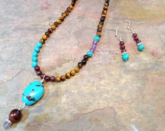 SET: TURQUOISE & MIXED Gemstone, Sterling Silver Necklace and Earring Set