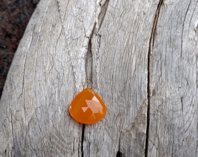 Natural ORANGE CHALCEDONY Faceted Tear Drop Pendant on Sterling Silver Chain Necklace