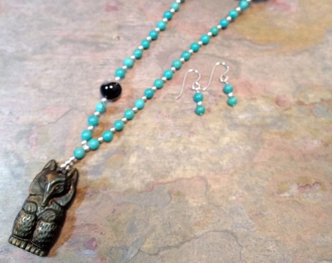 SET: Carved Fox Pendant OBSIDIAN & TURQUOISE, Sterling Silver Necklace and Earring Set