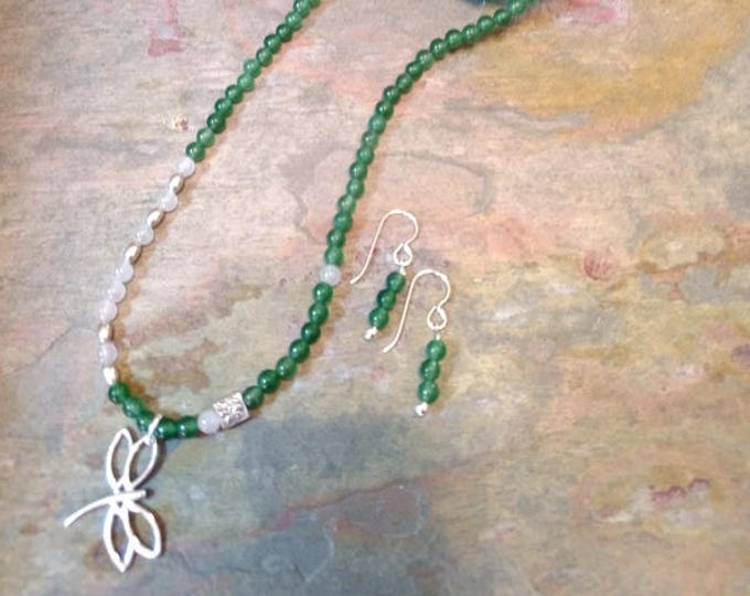 SET: DRAGONFLY Aventurine & Rose Quartz, Sterling Silver Necklace and Earring Set