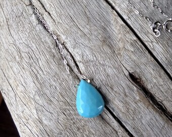 Natural SLEEPING BEAUTY TURQUOISE Faceted Tear Drop or Coin Pendant on Sterling Silver Chain Necklace