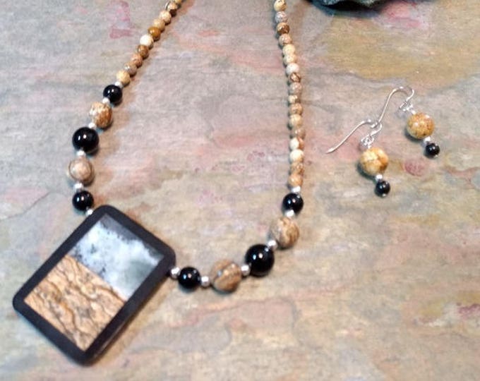 SET: Picture Jasper, Quartz & Black Onyx, Sterling Silver Necklace and Earring Set