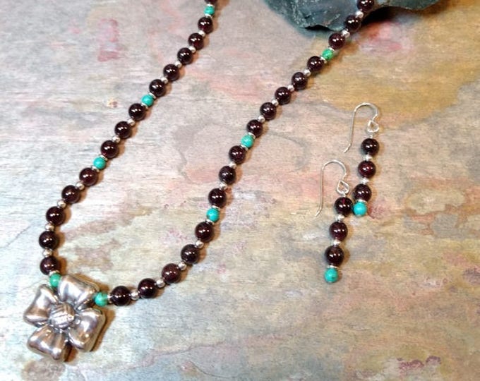 SET: GARNET & TURQUOISE, Sterling Silver Flower Necklace and Earring Set