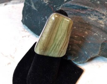 GREEN BANDED Agate Stone STATEMENT Ring Sterling Silver Size 7