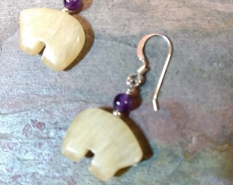 Yellow Calcite & Amethyst ZUNI BEAR Fetish Gemstone Earrings Sterling Silver