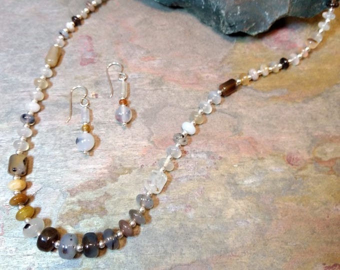 SET: MONTANA AGATE Beaded Necklace, Sterling Silver Necklace and Earring Set