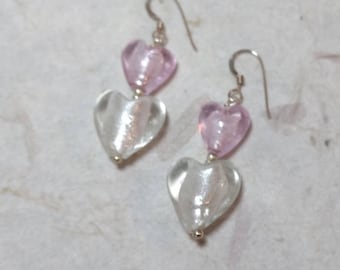 SALE: Venetian Glass PINK & White HEART Silver Foil Lampwork w/ Sterling Silver Earrings