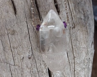 Rock Quartz CRYSTAL & Amethyst Carved SKULL Drop Pendant on Sterling Silver Chain Necklace