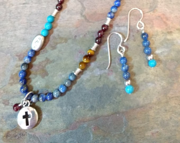 SET: CROSS Faith MIXED Gemstone Lapis, Turquoise, Garnet, Sterling Silver Necklace and Earring Set