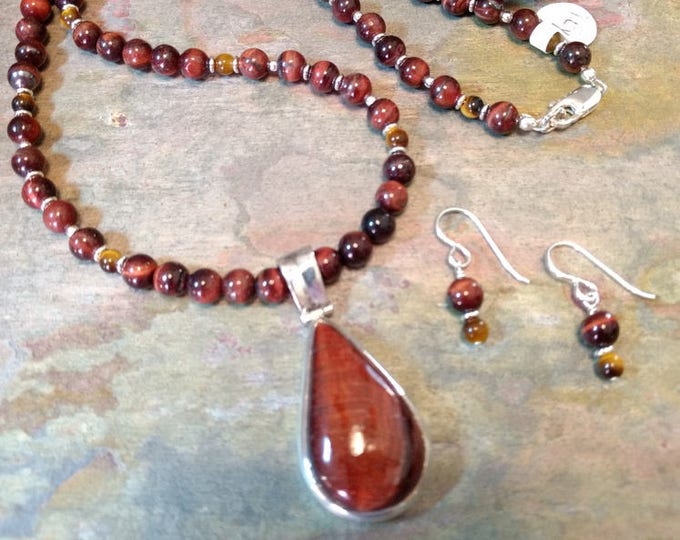 SET: TIGER EYE Red & Brown, Sterling Silver Necklace and Earring Set