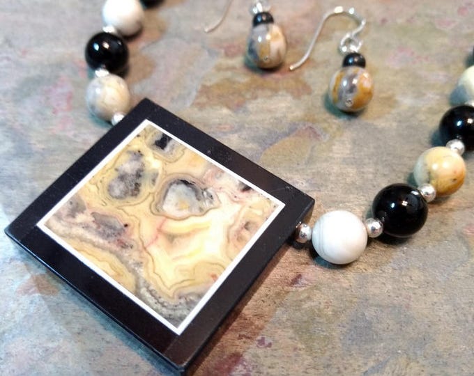 SET: CRAZY LACE Agate & Black Onyx, Sterling Silver Necklace and Earring Set