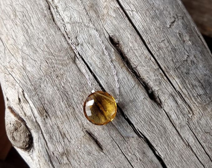 Natural GORGEOUS CITRINE Faceted Coin Drop Pendant on Sterling Silver Chain Necklace