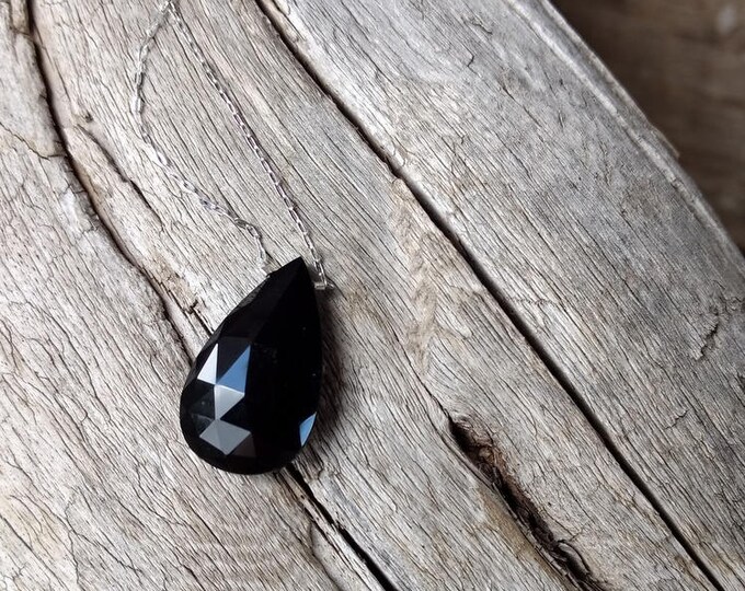 Natural BLACK ONYX Faceted Tear Drop Pendant on Sterling Silver Chain Necklace