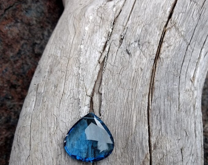 Stunning! Natural LONDON BLUE TOPAZ Faceted Tear Drop Pendant on Sterling Silver Chain Necklace