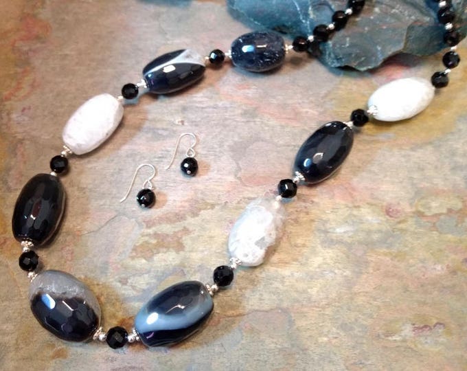 SET: DRUSY AGATE & Black Onyx Sterling Silver Necklace and Earring Set