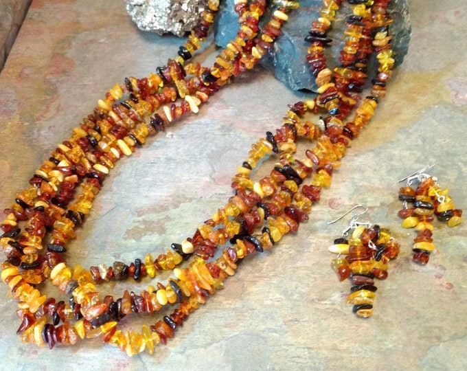 SET: BALTIC AMBER Multi-Shaded, Multi-Strand Sterling Silver Necklace & Earring Set