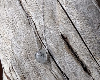 Natural BLACK TOURMALINATED QUARTZ Faceted Tear Drop Pendant on Sterling Silver Chain Necklace