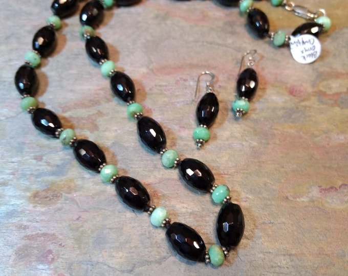 SET: BLACK ONYX & Chrysoprase Sterling Silver Necklace and Earring Set