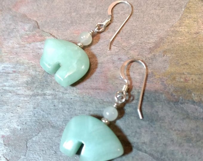 Bear Fetish Zuni Gemstone Earrings Sterling Silver Amazonite & White Quartz