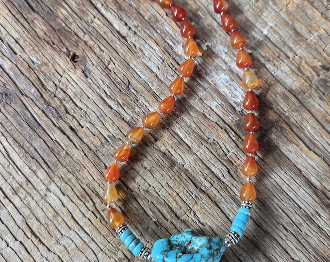 Sleeping Beauty Turquoise & Carnelian Natural Gemstone Sterling Silver Necklace