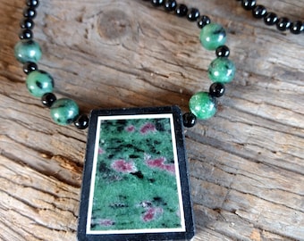 RUBY ZOISITE & Black Onyx, Sterling Silver Necklace