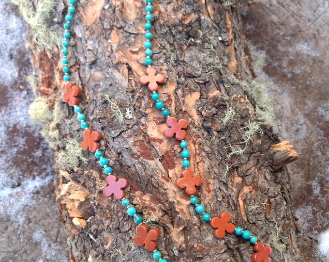 TURQUOISE & RED JASPER Natural Stone Necklace Sterling Silver