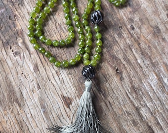 MALA: Faceted Jade Carved Smoky Quartz 108 Count Plus Guru Bead Silk Tassel Necklace