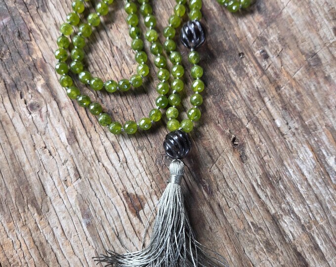 MALA: Faceted Jade Carved Smoky Quartz 108 Count Plus Guru Bead Silk Tassel Necklace