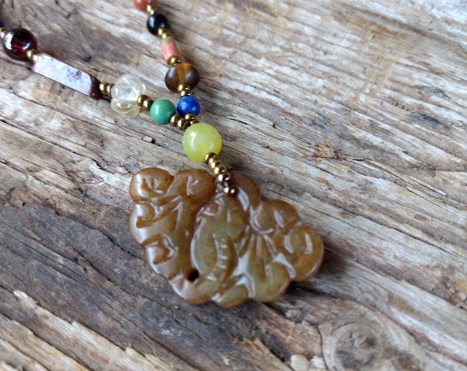 Serpentine Carved Pendant w/ Mixed Stone Beaded Necklace