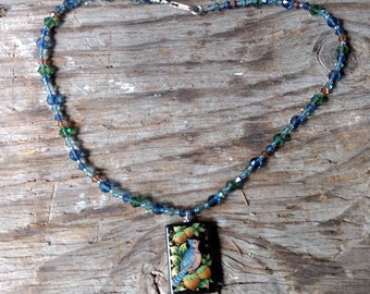 BLUE JAY BIRD Russian Hand-Painted Black Onyx & Swarovski Crystal Sterling Silver Necklace