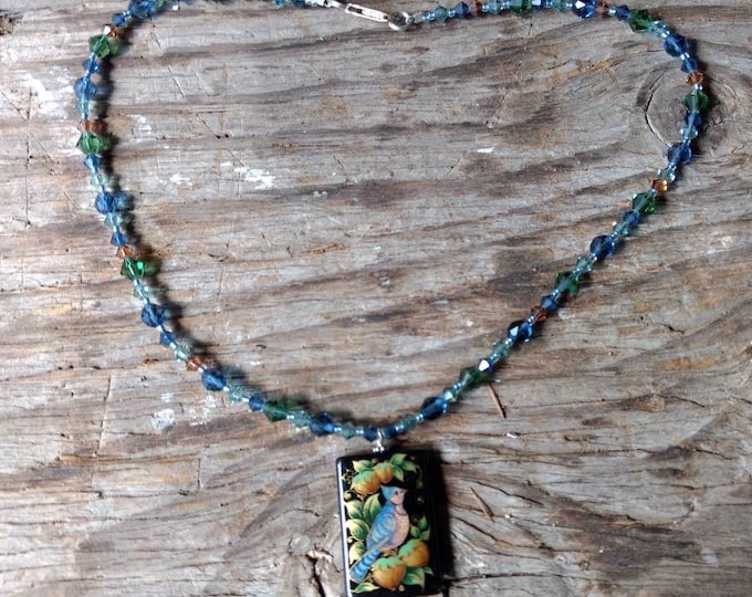 BLUE JAY BIRD Russian Hand-Painted Black Onyx & Swarovski Crystal Sterling Silver Necklace
